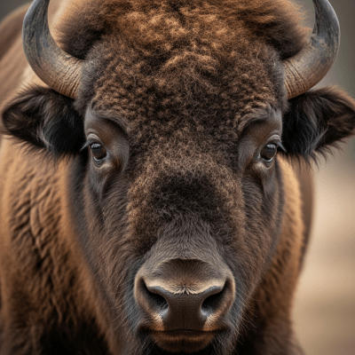 Close-up photograph of the head and face of a Bison bison (American bison), focusing on distinctive features such as eyes, ears, and fur texture