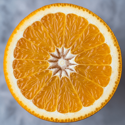 A detailed close-up cross-sectional image of a Bitter Orange from the oranges taxonomy, sliced cleanly in half to reveal the interior segments, pulp, and rind structure