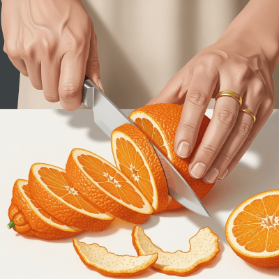 A realistic depiction of a Bitter Orange from the oranges taxonomy being used in a culinary context, such as being sliced on a cutting board or prepared for juice