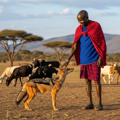 Image of a Black-backed Jackal interacting with humans in a cultural or practical context