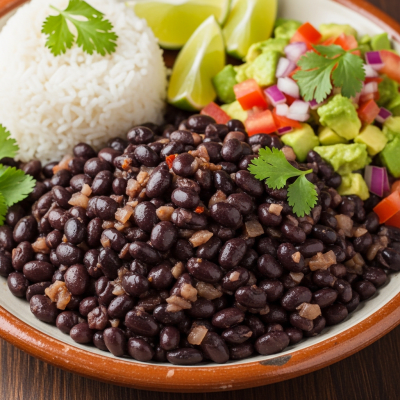 Image of cooked Black Bean (beans) presented as part of a traditional dish or cuisine, plated attractively and photographed from above