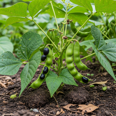 An image of Black Bean, belonging to the taxonomy beans, displayed in its natural environment—such as growing on a plant or vine, surrounded by leaves and soil