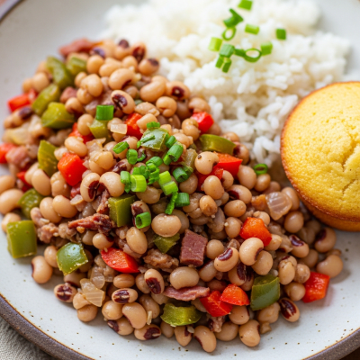 Image of cooked Black-Eyed Pea (beans) presented as part of a traditional dish or cuisine, plated attractively and photographed from above