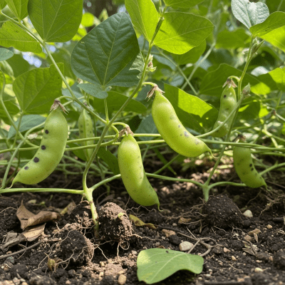 An image of Black-Eyed Pea, belonging to the taxonomy beans, displayed in its natural environment—such as growing on a plant or vine, surrounded by leaves and soil