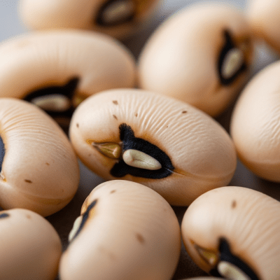 A close-up macro shot of Black-Eyed Pea (beans) showing its texture, surface details, and natural colors