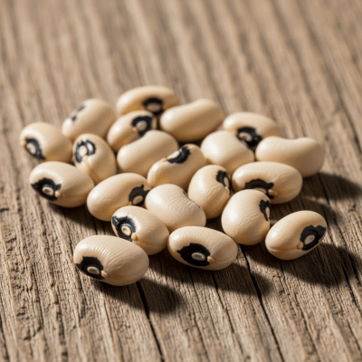 A handful of uncooked Black-Eyed Pea beans (beans) scattered on a rustic wooden surface, photographed in natural light to emphasize their variety and color