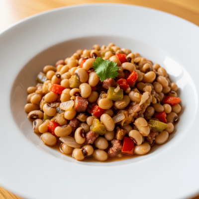 Image of cooked or prepared Black-eyed Pea (legumes) as it appears in a traditional dish or common culinary usage, presented on a clean plate with minimal garnish