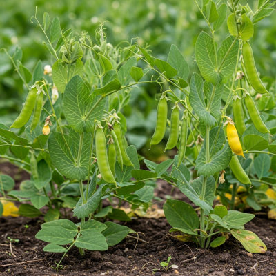 Photograph of the Black-eyed Pea (legumes) growing naturally on its plant in an outdoor agricultural or garden setting, showing leaves, pods, and surrounding soil or greenery