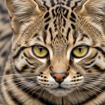 Close-up macro photograph focusing on the facial features and fur texture of a Black-footed Cat