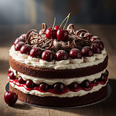 Editorial-style hero shot of a beautifully presented Black Forest Cake, from the cake taxonomy.