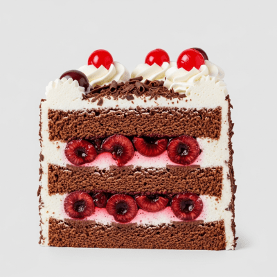 Detailed cross-sectional view of a sliced Black Forest Cake (cake), showing internal layers, textures, and ingredients