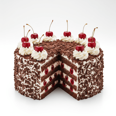 High quality studio photograph of a Black Forest Cake from the cake taxonomy