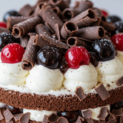 Close-up macro photograph of the surface texture and decoration of a Black Forest Cake (cake)