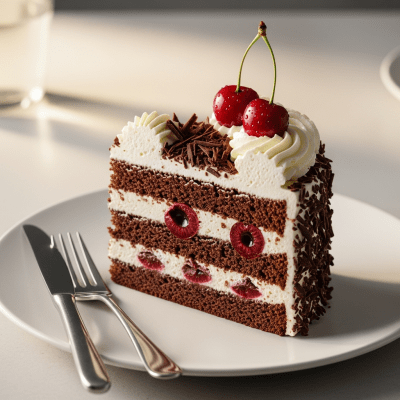 An image of a single slice of Black Forest Cake, from the cake taxonomy, isolated on a plate with simple cutlery