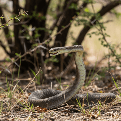 A dynamic action shot of a Black Mamba, part of the taxonomy reptiles, in motion such as climbing, swimming, basking, or hunting in its environment