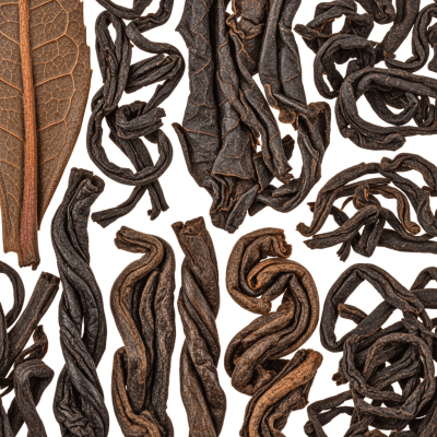 Macro photograph focusing on the texture and details of Black Tea leaves, within the taxonomy teas