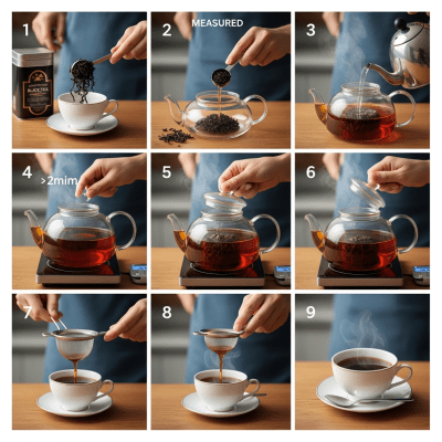 Step-by-step visual depiction showing the preparation process for Black Tea, within the taxonomy teas