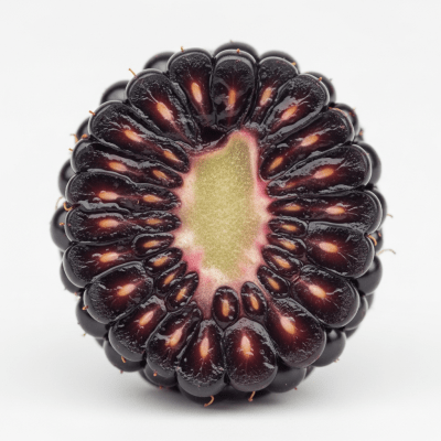 A cross-sectional view of a sliced Blackberry, part of the taxonomy berries