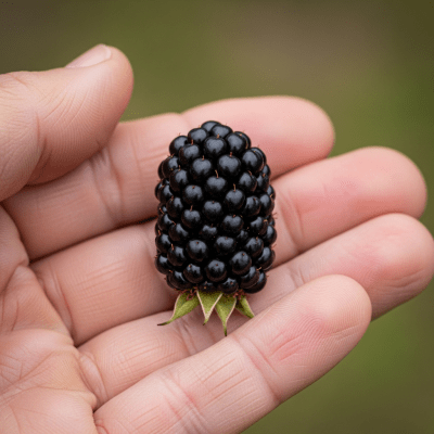 A factual photograph of a hand holding a ripe Blackberry, illustrating its size and appearance for the taxonomy berries