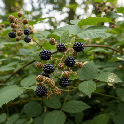 A naturalistic photograph of a Blackberry growing on its plant in its typical environment, representing the taxonomy berries