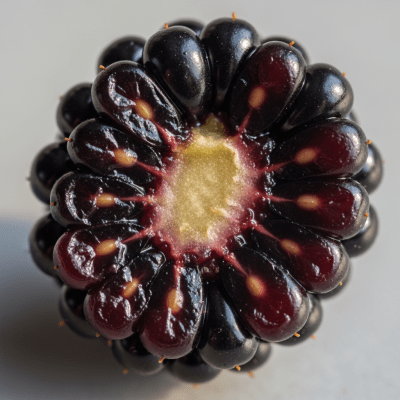 A close-up image showing a cross-section of the Blackberry, belonging to the fruits taxonomy