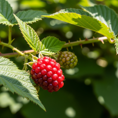 A photograph of a fresh Blackberry from the fruits taxonomy as it appears in its natural growing environment, such as on a tree, bush, or vine