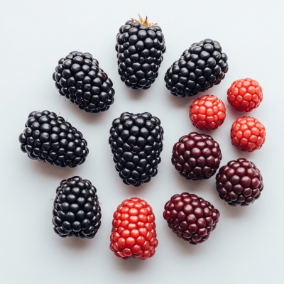 An overhead view photograph of several pieces of the Blackberry, from the fruits taxonomy, arranged aesthetically on a plain background