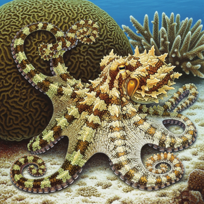 Illustration of a Blanket Octopus displaying camouflage behavior within its environment, blending into rocks, sand, or coral