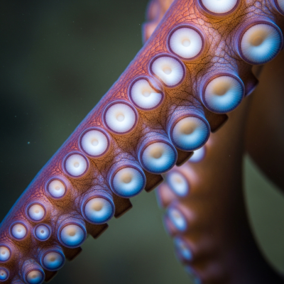 Naturalistic close-up photograph of a single arm of a Blanket Octopus, focusing on the suckers, skin texture, and coloration details