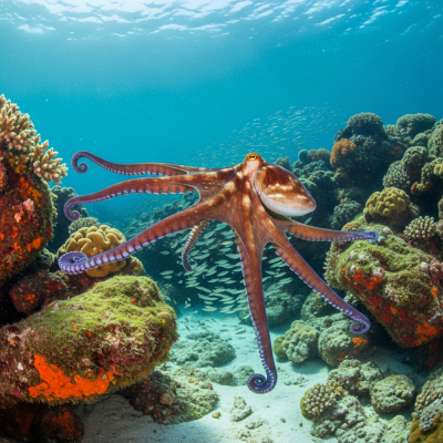 A realistic underwater scene featuring a Blanket Octopus of the taxonomy octopuses in its natural marine environment