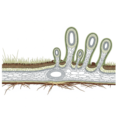 Cross-sectional illustration or photograph of a Blechnaceae (family), showing internal structure such as rhizome, roots, and vascular bundles