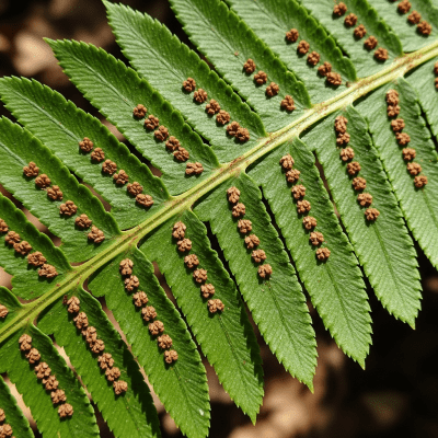 Photograph of a mature Blechnaceae (family), with visible sporangia or sori on the underside of its fronds, highlighting its reproductive structures