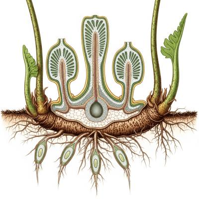 Cross-sectional illustration or photograph of a Blechnum spicant, showing internal structure such as rhizome, roots, and vascular bundles