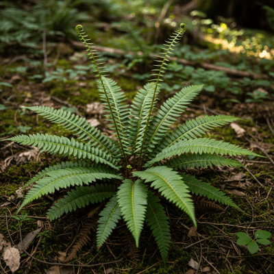 Photograph of a Blechnum spicant, of the taxonomy ferns, shown growing in its natural environment, such as a forest understory or shaded woodland