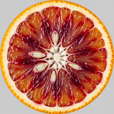 A detailed close-up cross-sectional image of a Blood Orange from the oranges taxonomy, sliced cleanly in half to reveal the interior segments, pulp, and rind structure
