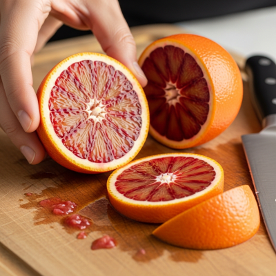 A realistic depiction of a Blood Orange from the oranges taxonomy being used in a culinary context, such as being sliced on a cutting board or prepared for juice