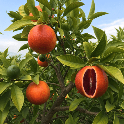 A naturalistic scene featuring a Blood Orange from the oranges taxonomy growing on a tree with leaves and branches visible