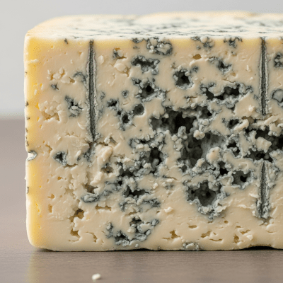 Close-up cross-sectional view of a Blue Cheese, showing its internal texture and structure