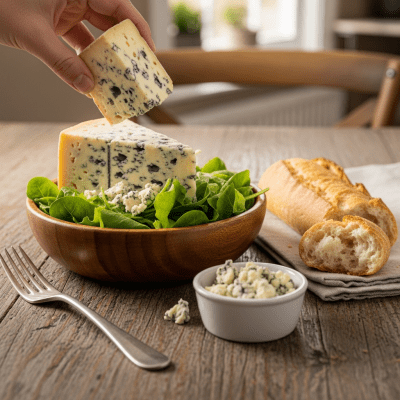 A piece of Blue Cheese being used in a classic culinary preparation or dish where it is commonly featured