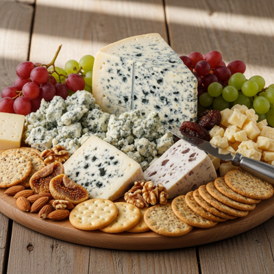 A serving of Blue Cheese arranged as part of a traditional cheese platter with fruits, nuts, and crackers