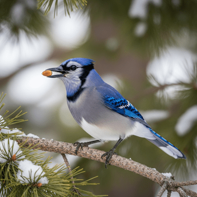 Photorealistic image of a Blue Jay (birds) in its typical natural environment
