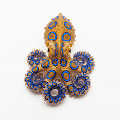 High quality studio photograph of a single Blue-Ringed Octopus
