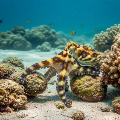 A realistic underwater scene featuring a Blue-Ringed Octopus of the taxonomy octopuses in its natural marine environment