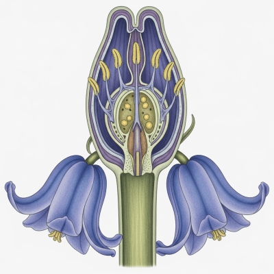 Cross-sectional illustration of a Bluebell (flowers), showing internal parts such as stem, petals, and reproductive organs