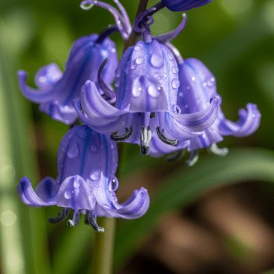 Detailed macro image of a Bluebell (flowers), focusing on the intricate structure of petals, stamens, and pistil