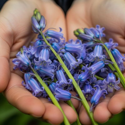 Photograph of a Bluebell (flowers) being held or interacted with by a person in a gentle way