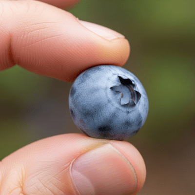 A factual photograph of a hand holding a ripe Blueberry, illustrating its size and appearance for the taxonomy berries