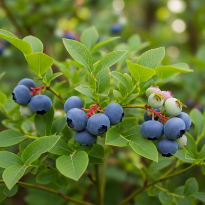 A naturalistic photograph of a Blueberry growing on its plant in its typical environment, representing the taxonomy berries