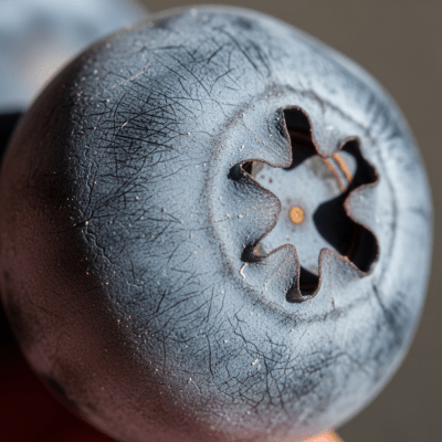 Macro shot capturing the surface texture and color details of the Blueberry, within the fruits taxonomy
