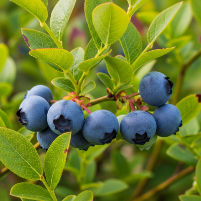 A photograph of a fresh Blueberry from the fruits taxonomy as it appears in its natural growing environment, such as on a tree, bush, or vine